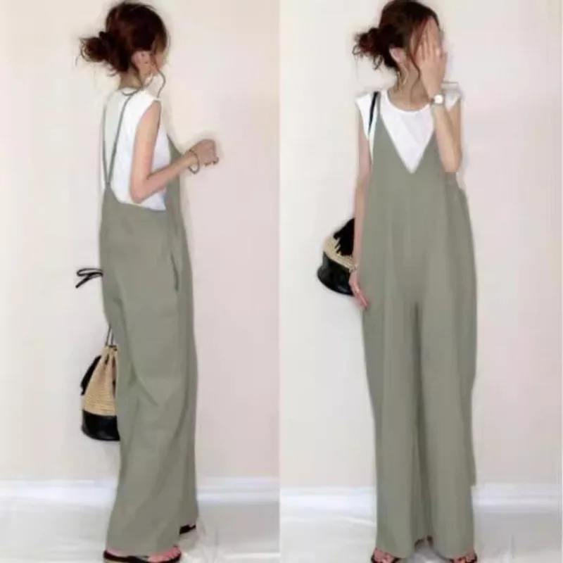 Summer New Japanese Style Jumpsuit Women Sleeveless Wide Leg Pants Solid Color Casual Loose Overalls Breathable Lightweight