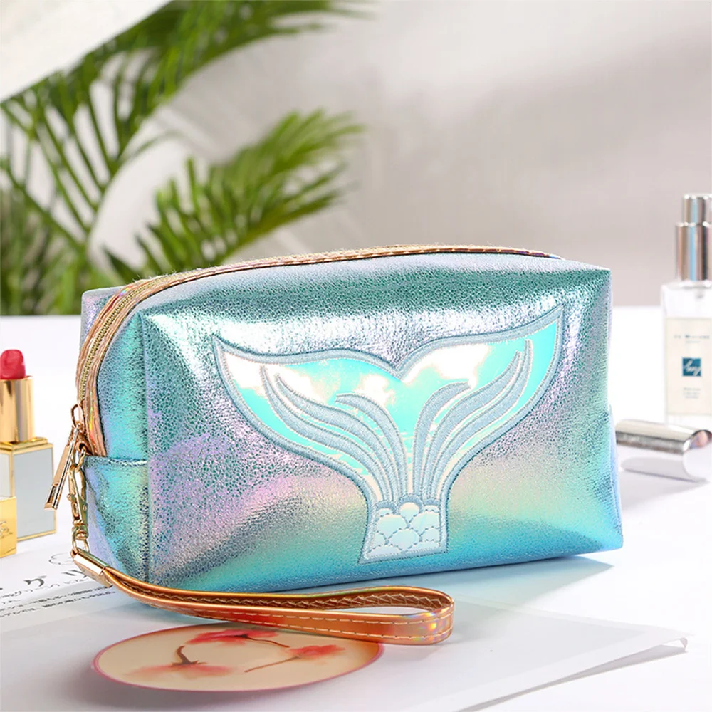 Mermaid Tail Women Laser Cosmetic Bag Toiletry Wash Storage Bag Portable PU Leather Waterproof Travel Lipstick Makeup Organizer