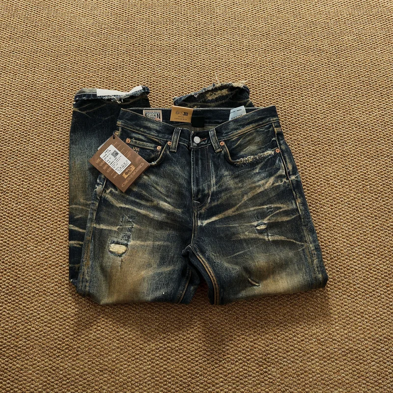 

Men's Autumn Heavyweight Thick Retro Jeans, Loose Straight, High Street Fashion, Oil Stain Dirty Wash, Patchwork Denim Pants