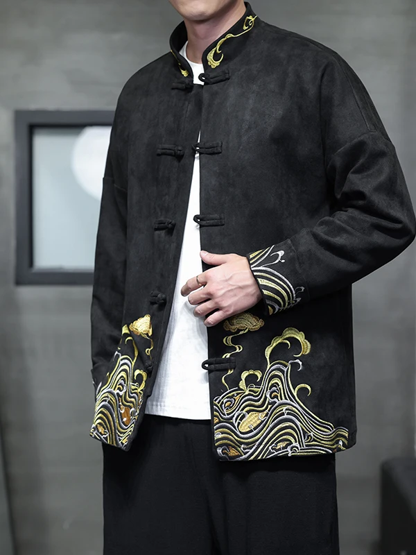 

Men's Tai Chi Costume Jaet Autumn Winter Loose Fit Suede Velvet Embroidered Zen Tea Large Size Casual Chinese Sle Coat