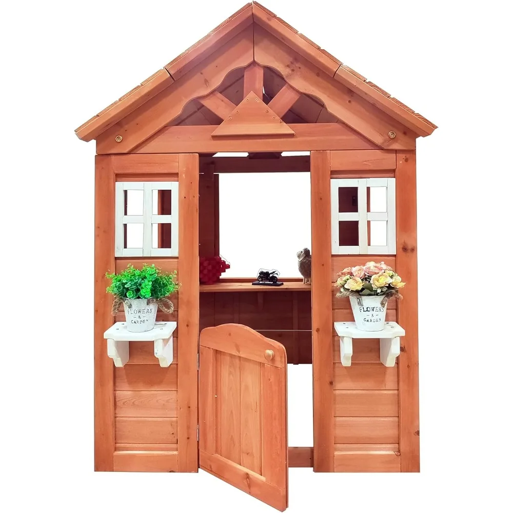 Wooden Playhouse for Age 3-6 Years Boy Girl, Outdoor Cottage Playhouse with Door, 2 Windows, 3 Serving Station, Shelf & Flowerpo