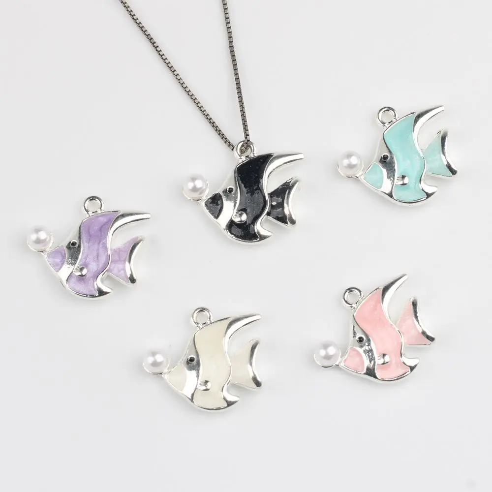 10Pcs/lot Simple Alloy Fish Pendant Pearl Inlay DIY Jewelry Accessories for Necklace Bracelet