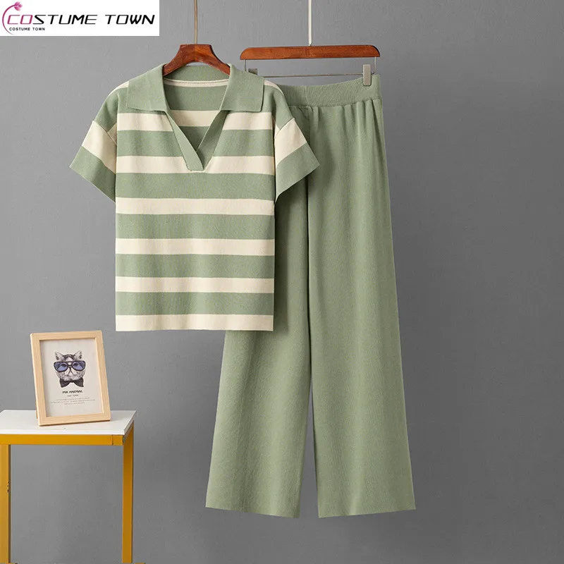 

Summer Korean fashion women's V-neck short sleeved striped knitted top+fashionable slim fit wide leg pants two-piece set
