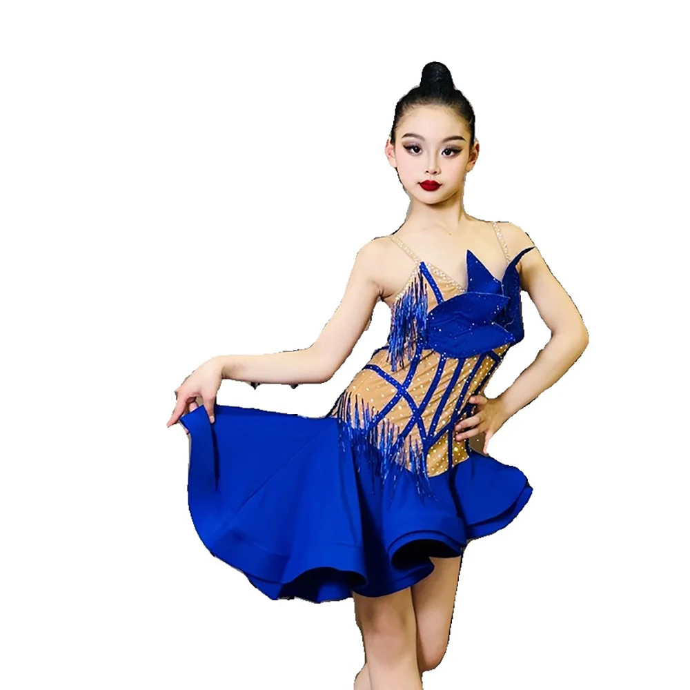 Vestido de dança latina com linhas azuis de alta qualidade, saia espinha de peixe, tango, roupas profissionais de strass para crianças e meninas