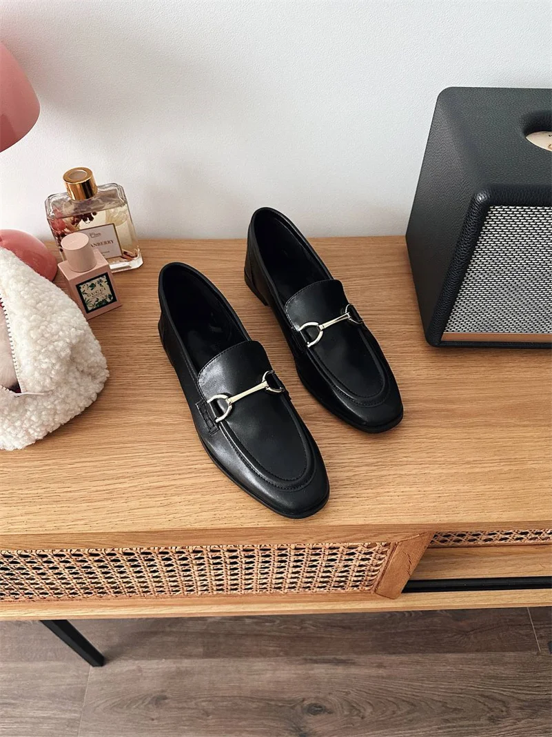 Meotina INS ZA Women Loafers Shoes Genuine Leather Flat Shoes Round Toe Metal Decoration Ladies Footwear Spring Autumn Brown 43