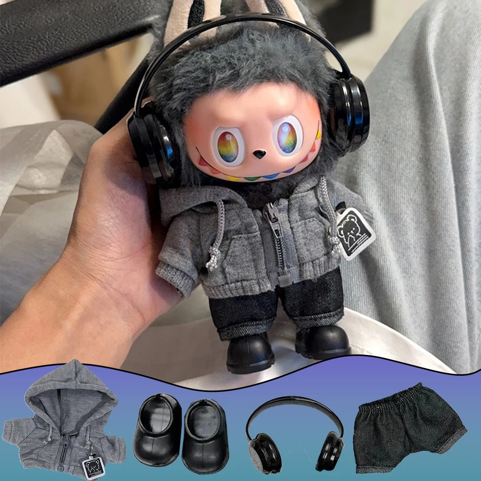 

15-17cm For labubu Big Into Energy Series Cloth Casual Hoodie Grey And Black Suit Fashion Sweatshirt Jacket Lovely Outfit Gifts