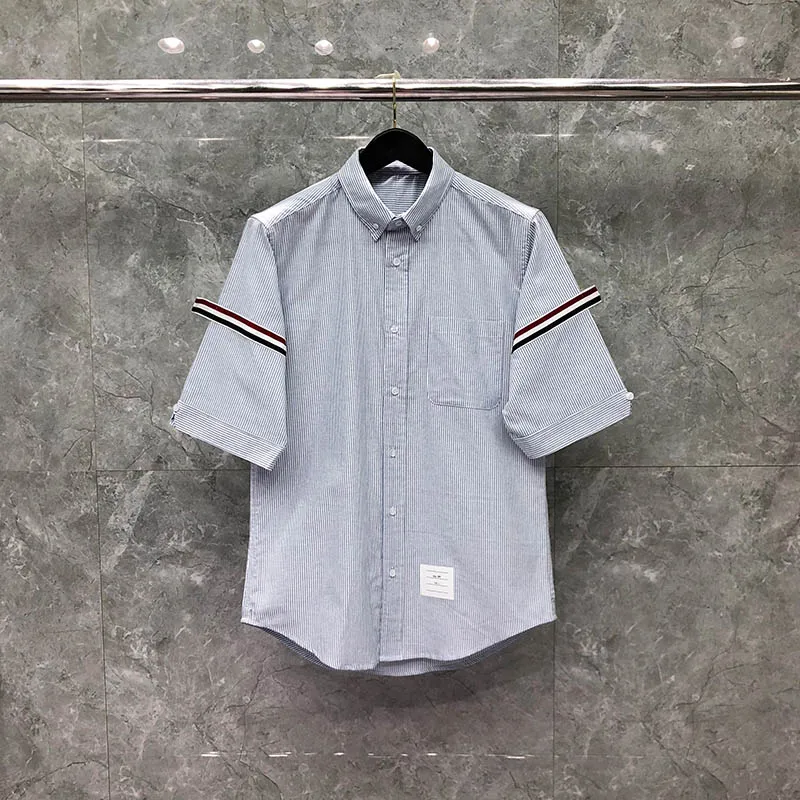 

Classic Ox Cloth Striped irt Double Sve Summer ort Sve Top for Men And Women Couples Faionable Ci Sle