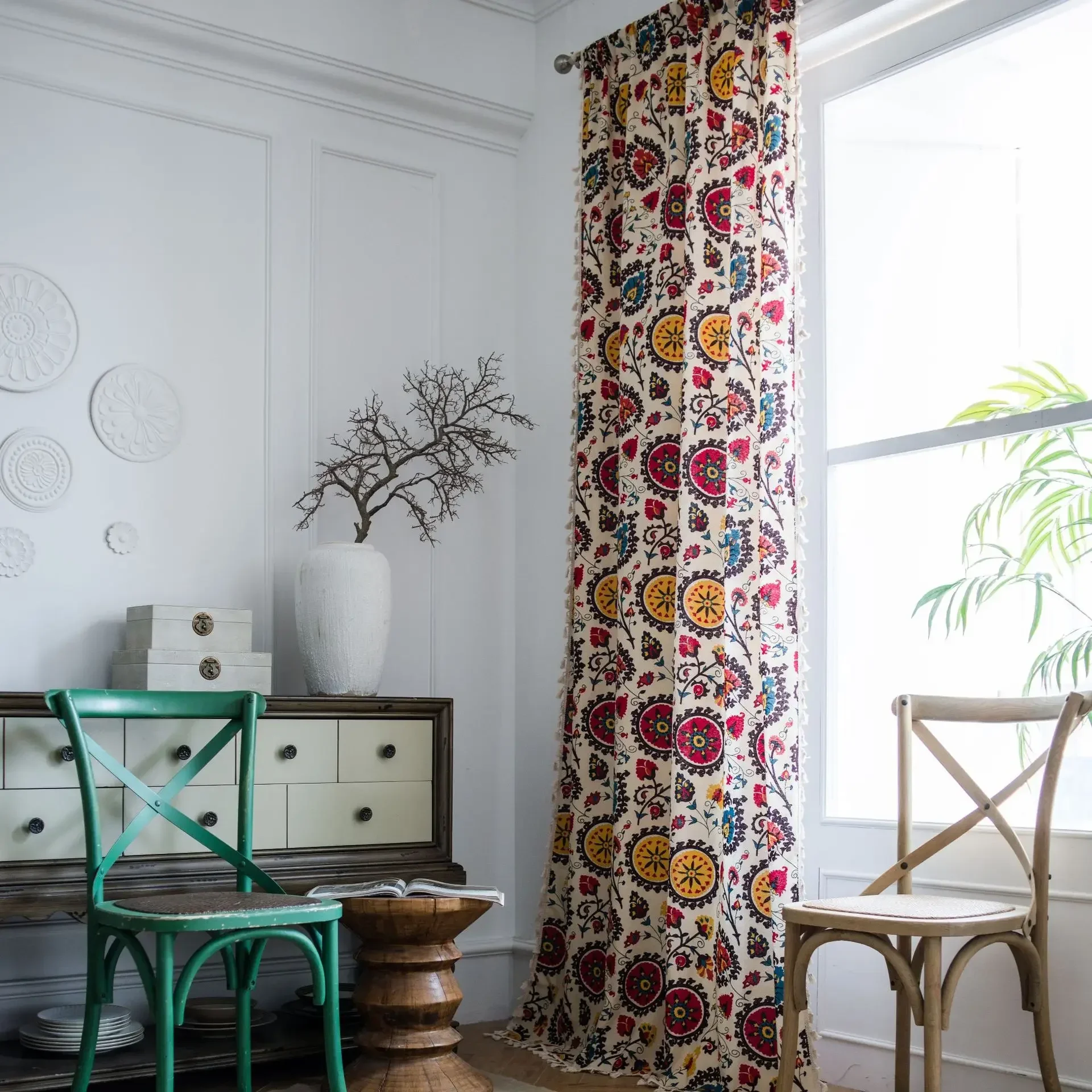 

Cotton Bohemian Sunflower with Tassels Curtain Thick Blackout Curtains for Living Room American Vintage Drape Kitchen Valance
