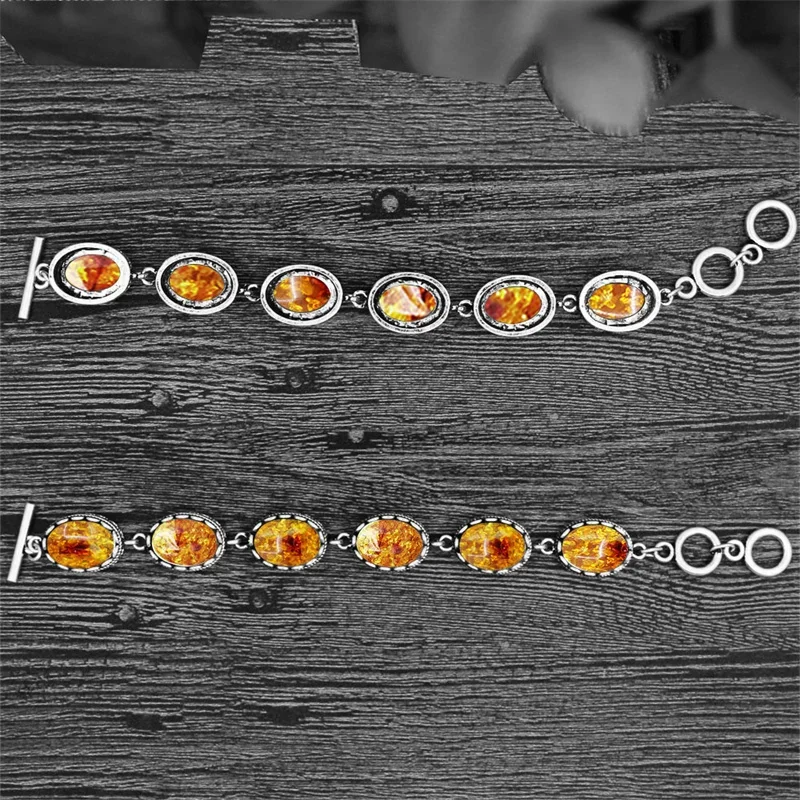 Oval Flower Simulated Ambers Strand Bracelets For Women Antique Silver Plated Vintage Look Fashion Jewelry TB286