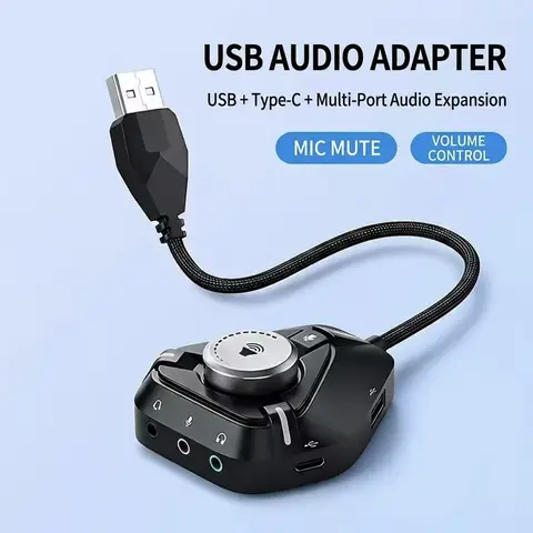 External USB Sound Card & Audio Signal Processor with Hardware Volume Knob, 3.5mm Microphone Signal Switcher for PC Laptop