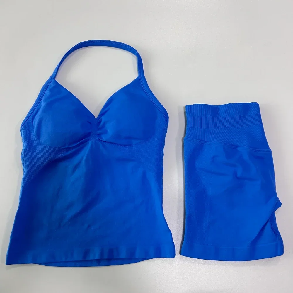 2 Pieces Sports Set for Women Backless Tank Top High Waist Scrunch Seamless Shorts Gym Workout Yoga Sportswear