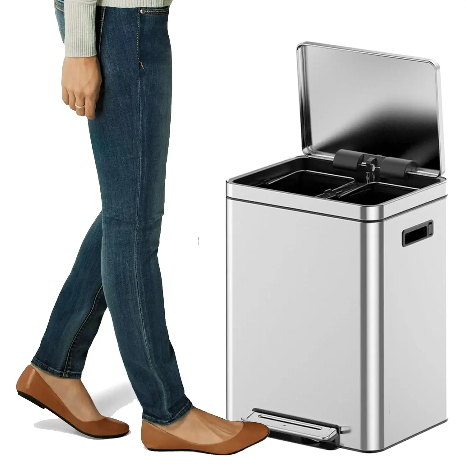 

Мусорное ведро для раздельного сбора отходов из нержавеющей стали с двумя отсеками – педальное, с крышкой, съемными контейнерами, на заказ