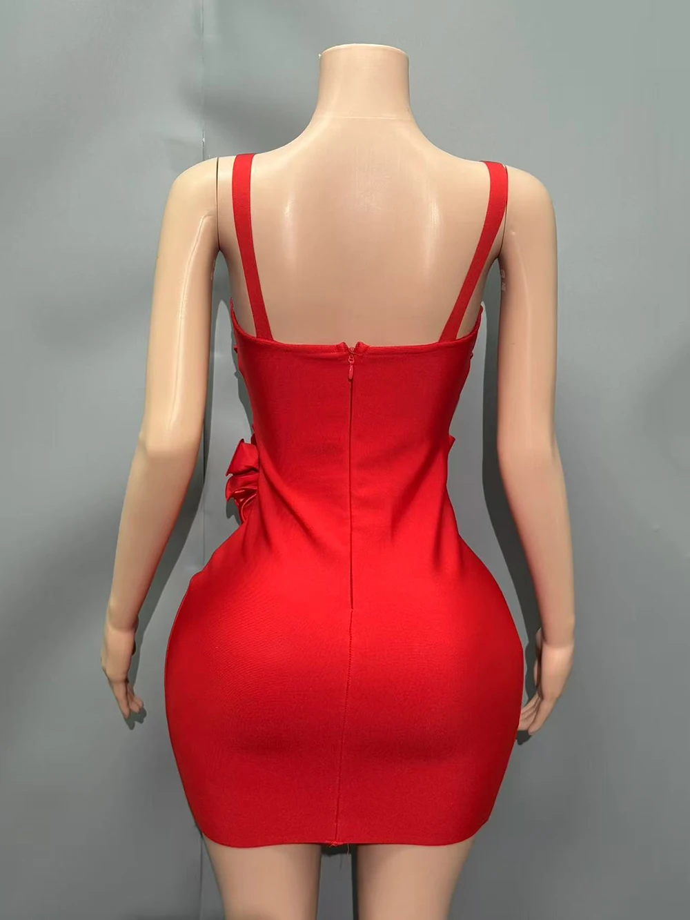 Modphy Rosso Della Cinghia di Spaghetti Delle Donne Mini Vestito Dalla Fasciatura Aderente Sexy Scava fuori splicing fiori 3D Aderente Party Club Dress Vestido