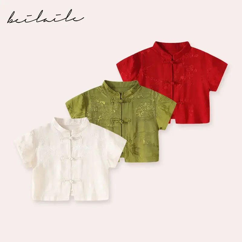 4 Colors High Quality Satin Jacquard Tang Suit Shirt for Boys Girls Baby Summer Baby T-shirt Kungfu Blouse Online Chinese Store