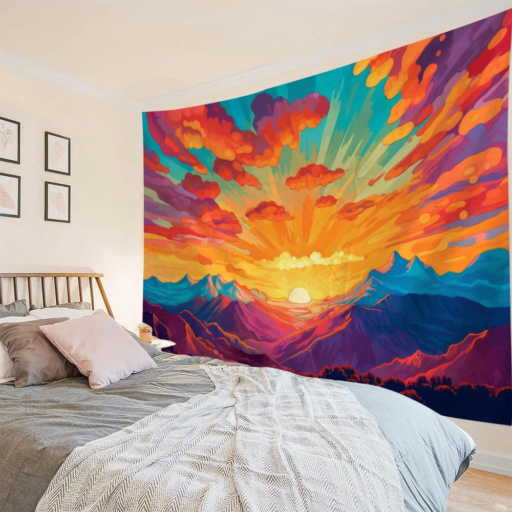 Sunrise Colorful Landscape Tapestry Starry Sky Aurora Dreamy Forest Bedroom Decor Aesthetic Polyester Fiber Wall Hanging 5
