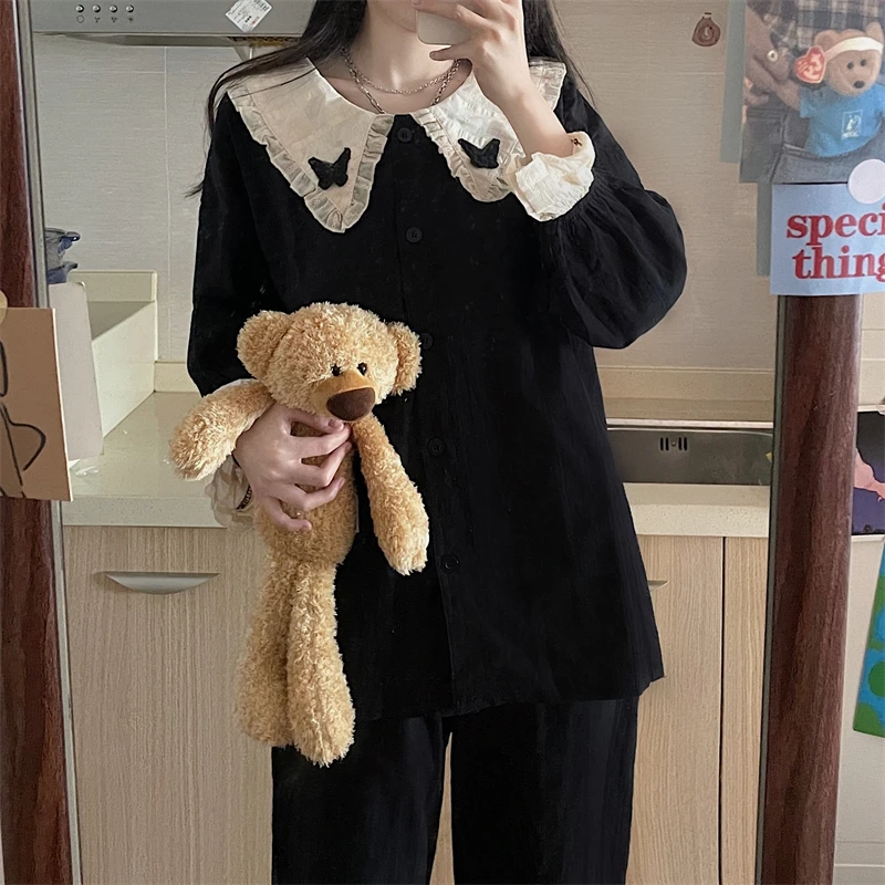 

Pajama Sets Women College Lovely Elegant Lady Simple Chic Popular Mujer Ulzzang Ins Sleepwear Home New Design Spring Flare Loose