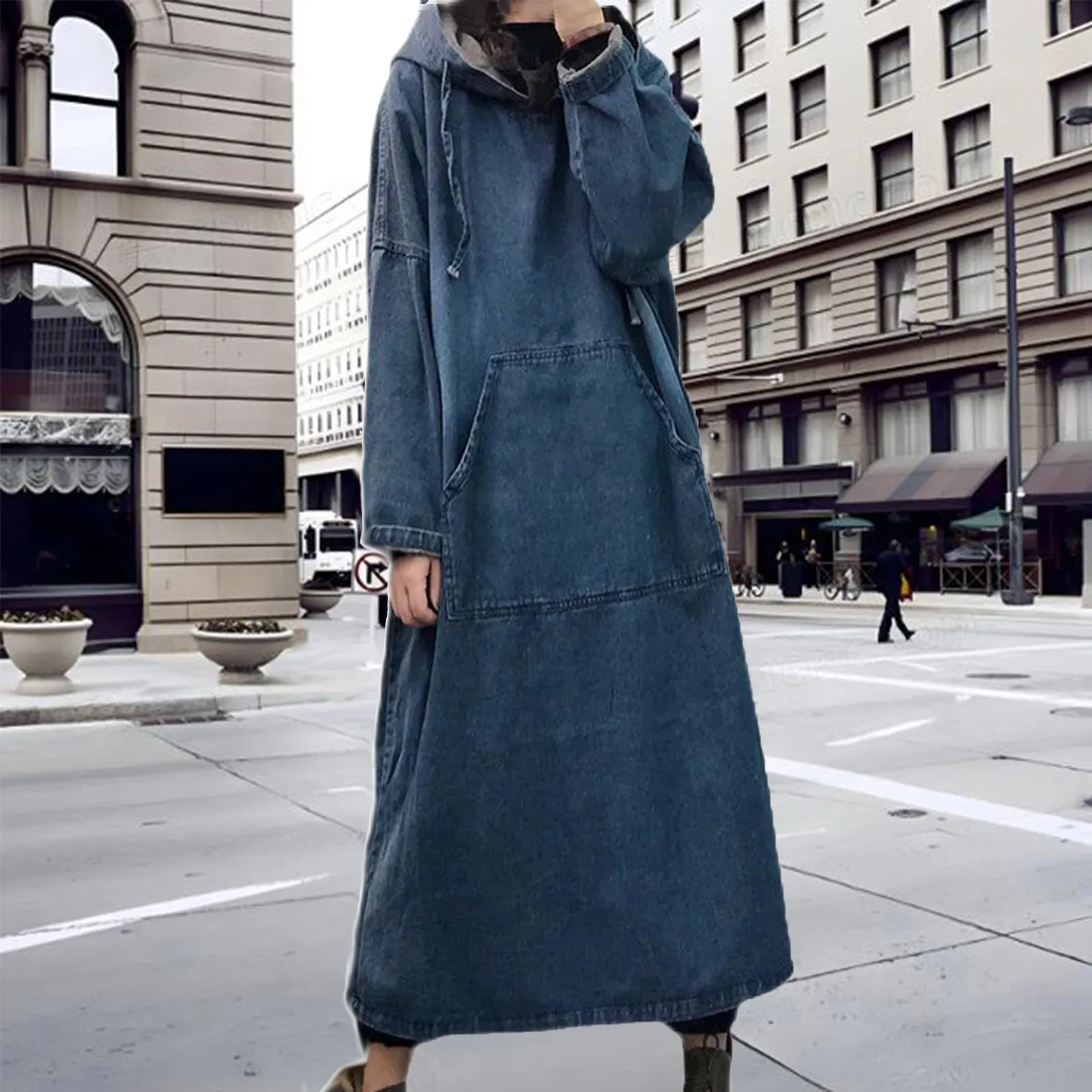 Women's Large Size Denim Dresses Spring Autumn Fashion Retro Street Loose Hooded Long Sleeved Dress Casual Versatile Tunic Dress