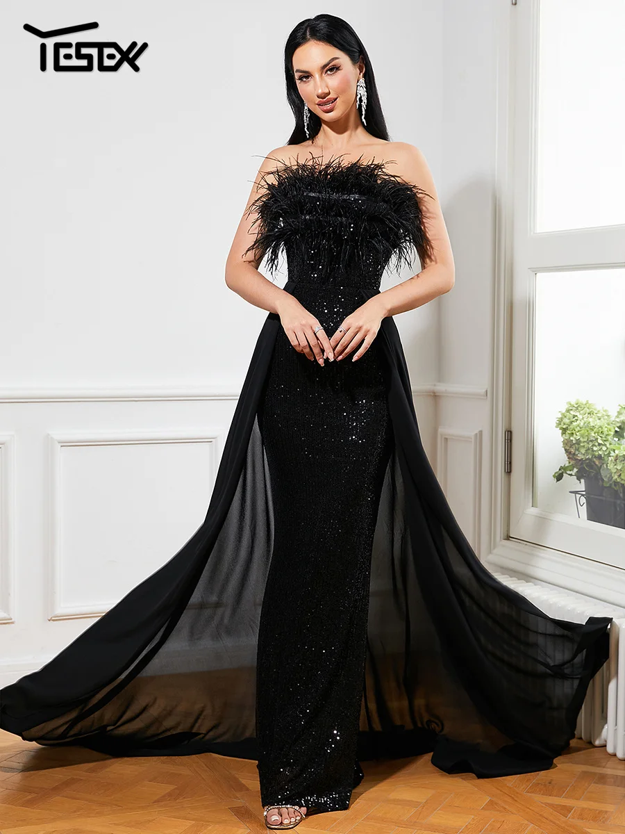 

Yesexy Strapless Mermaid Feather Draped Sequin Formal Dress Elegant Party Dresses For Women 2023 Black Prom Dress