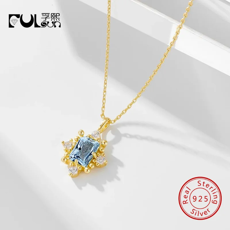 

925 Sterling Silver 14K Gold Plated Rectangle Sky Blue topaz Four Side Halo Bead Border Pendant Necklace Women Minimalist Jewelr