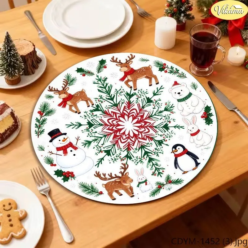 VIKAMA Christmas Round Placemats, White Red Snowflake Mandala Reindeer Snowman Penguin Polar Bear Rabbit Pine