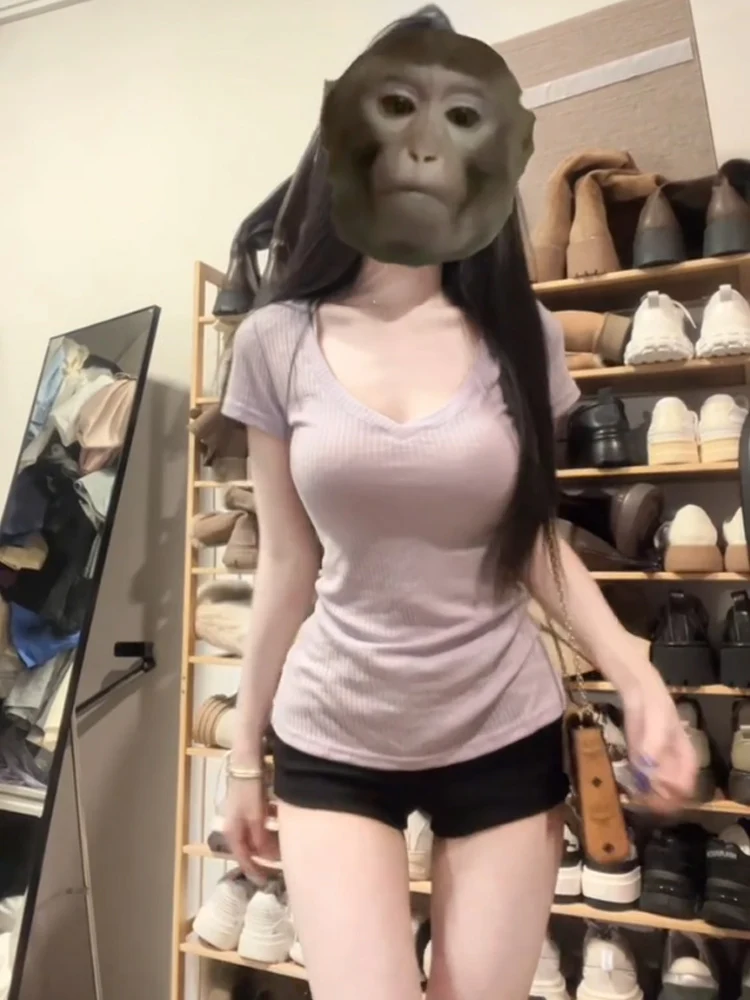 الكورية Sle الرغبة النقية الأرجواني ort Sve V-ne تي شيرت المرأة التخسيس الخصر مقصوص الصيف Faionable