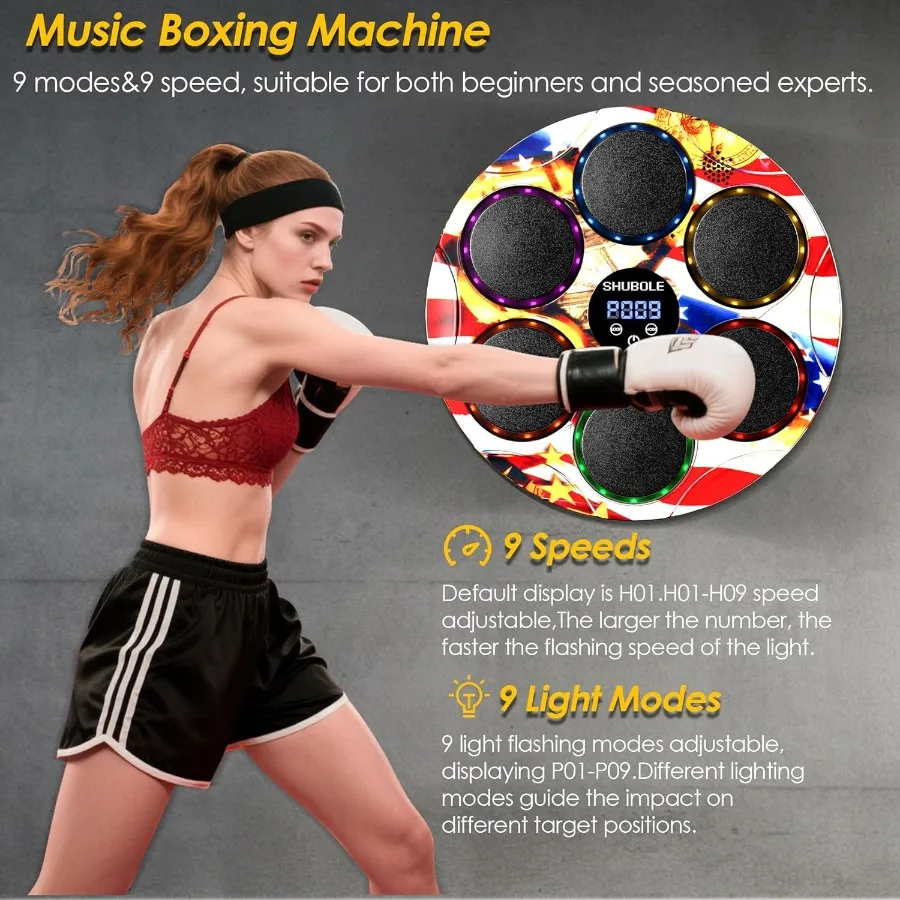 Macchina da boxe musicale montata a parete con guanti interattivi per adulti e allenatore di allenamento con giochi di punzonatura a 9 velocità Luce LED vibrante Ef