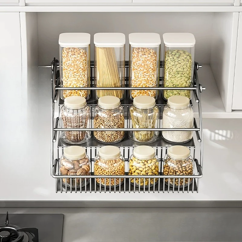 Cesta extraíble para gabinete, estante elevable de 3 niveles para especias, almacenamiento telescópico sin taladro, organizador de cocina colgante apto para personas mayores