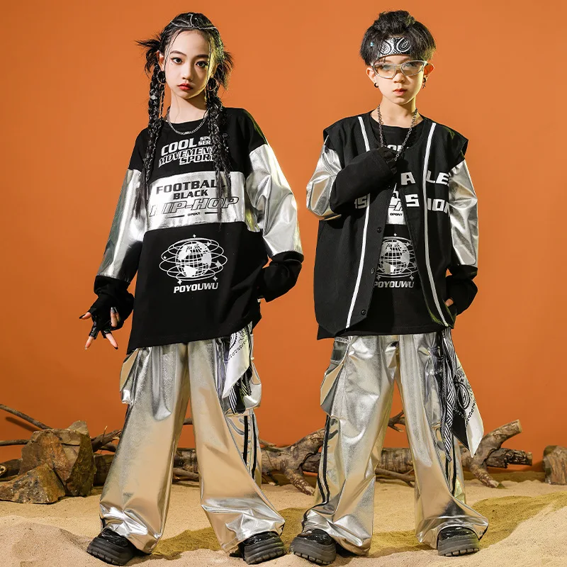 Hip Hop Boys Blue Sweatershirt PU Pants Girls Street Dance Coat Denim Pants Clothes Sets Kids Streetwear Child Jazz Costume