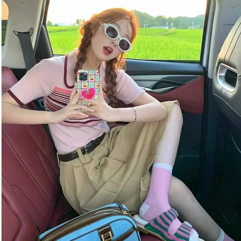 Amerikaanse retro oulderlengte ort Sve dames T-shirt zomer nieuwe kleine maat Hong Kong Sle chique roze top