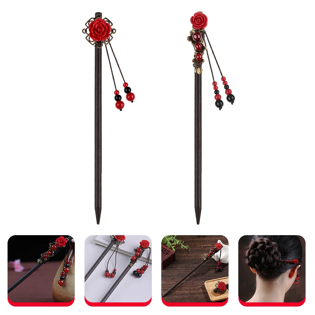 

2 Pcs Headgear Hairpin Bride Wedding Accessories Pins Wood Tassel for Hairstyle