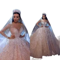 Arabic Luxury Ball Gown Wedding Dress Blingbling Bead Lace Appliques Princess Bridal Gown Plus Size Vestido De Noiva Custom Made