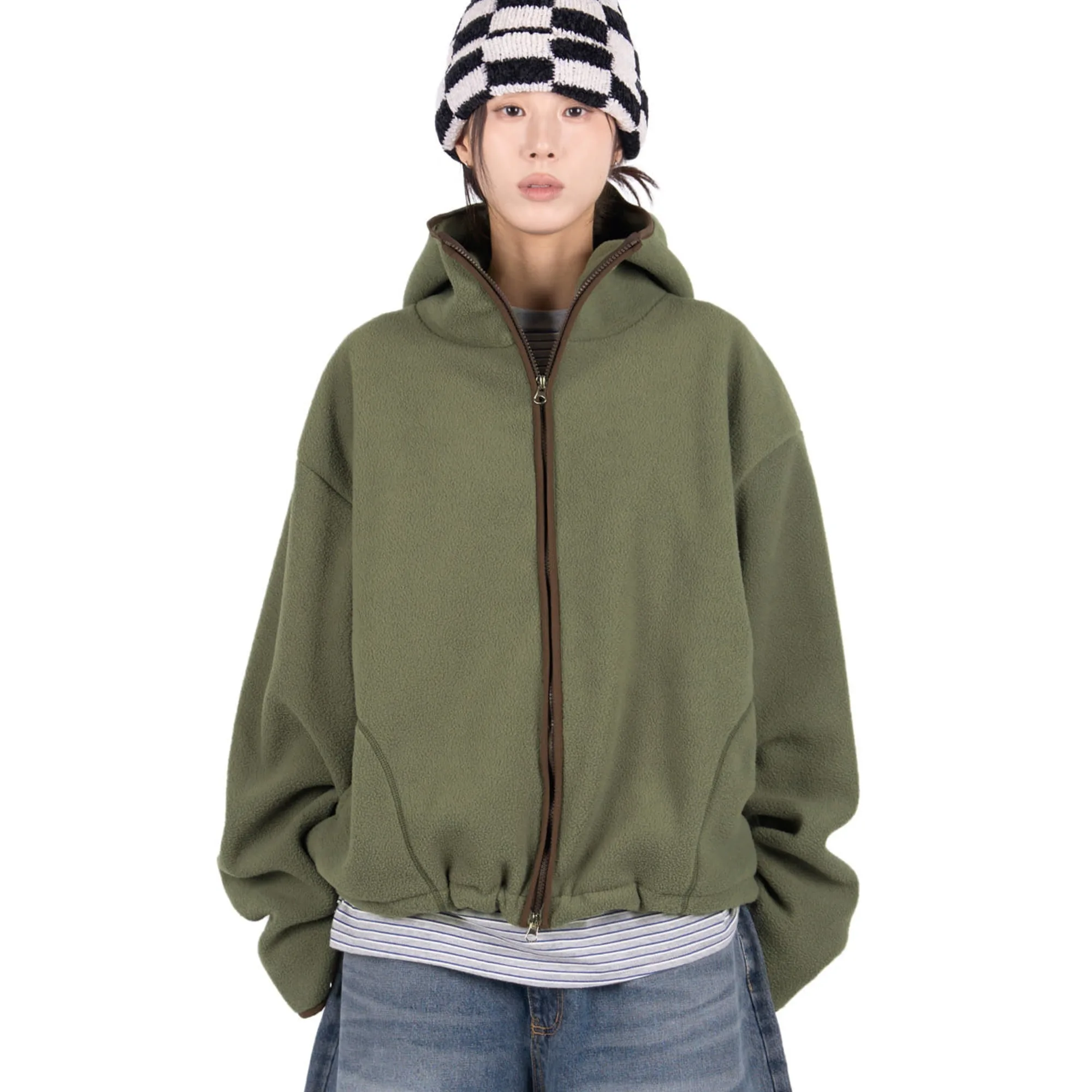 Warm Fleece Hooded Zipper Sweatshirt Retro Color Block Neutral Style Standard Fit Double Layer Design Daily Wear Ladies' Swea...