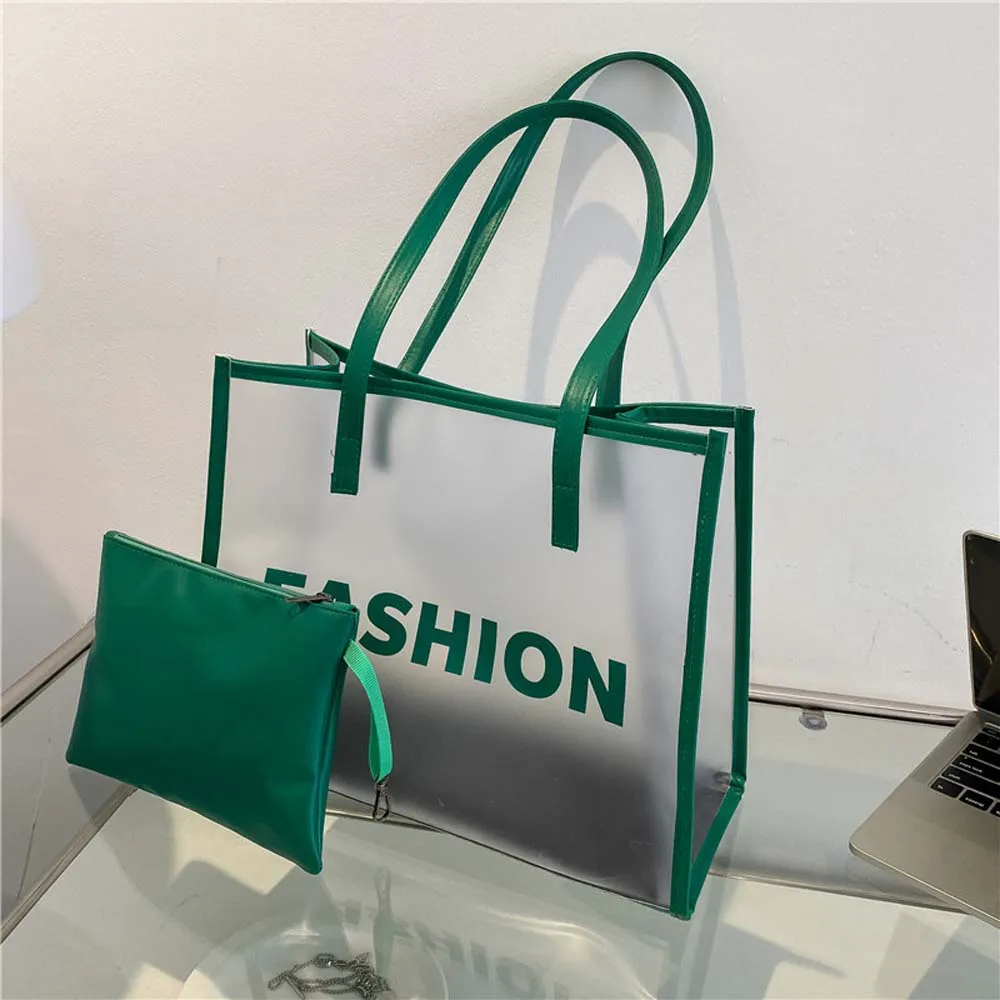 

2pcs/set Elegant Transparent Jelly Bag Large Capacity PU Leather Clear PVC Handbag Candy Color Storage Pouch