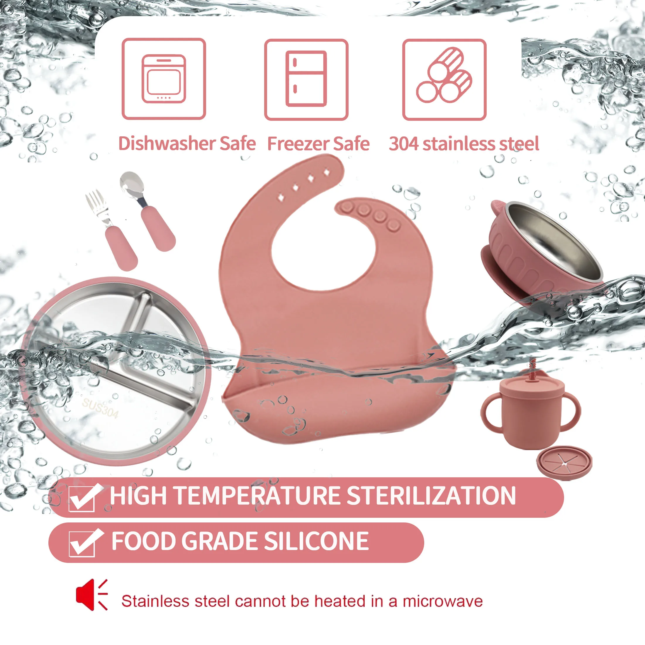 Silicone Stainless Steel Tableware 7-Piece Set, Bib, Plate, Bowl, Stainless Steel Spoon, Fork, Multifunctional Water Cup Set
