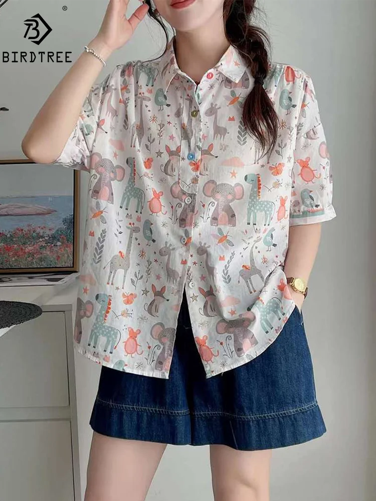 

New Spring Cotton Cartoon Shirt Women Turn-down Collar Short Sleeve Top Girl Fashion Retro Cute Blouses 2024 Summer T44001QM