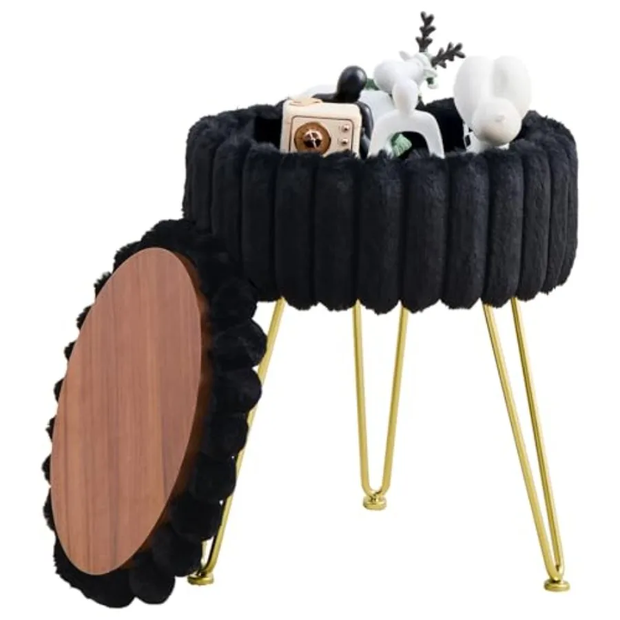 

Vanity Stool with Storage Faux Fur Ottoman Chair with Metal Legs Round Makeup Vanity Chair for Bedroom or Dressing Table Modern