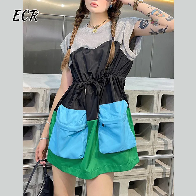 

ECR Casual Hit Color Dresses For Women Round Neck Short Sleeve High Waist Patchwork Drawstring Loose Mini Dress Female Clothing