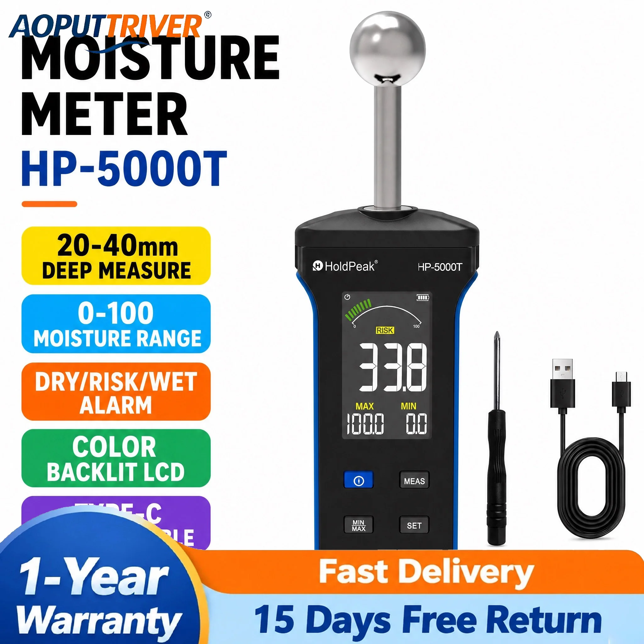 Non-Destructive Moisture Meter for Concrete Wood Wall Building Material Tester with Color Screen 0-100 Range Hygrometer