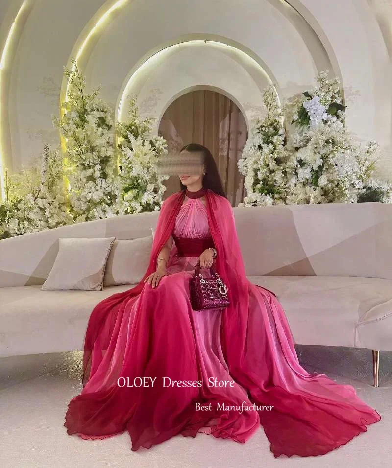 ISI Saudi Arabic Red Pink Gradient Evening Dresses Long Cape Jacket High Neck Floor Length Prom Gowns Long Formal Party Dress