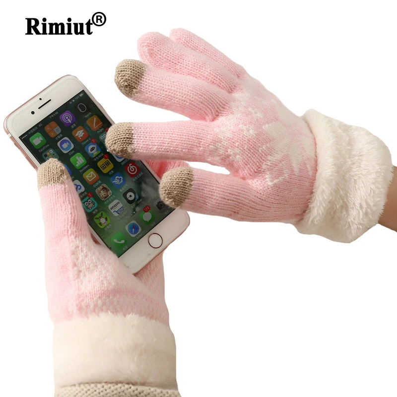 Rimiut Thick Cashmere Two Layer Winter Gloves For Women Snowflake Knitted Pattern Full Finger Skiing & Touch screen Glove