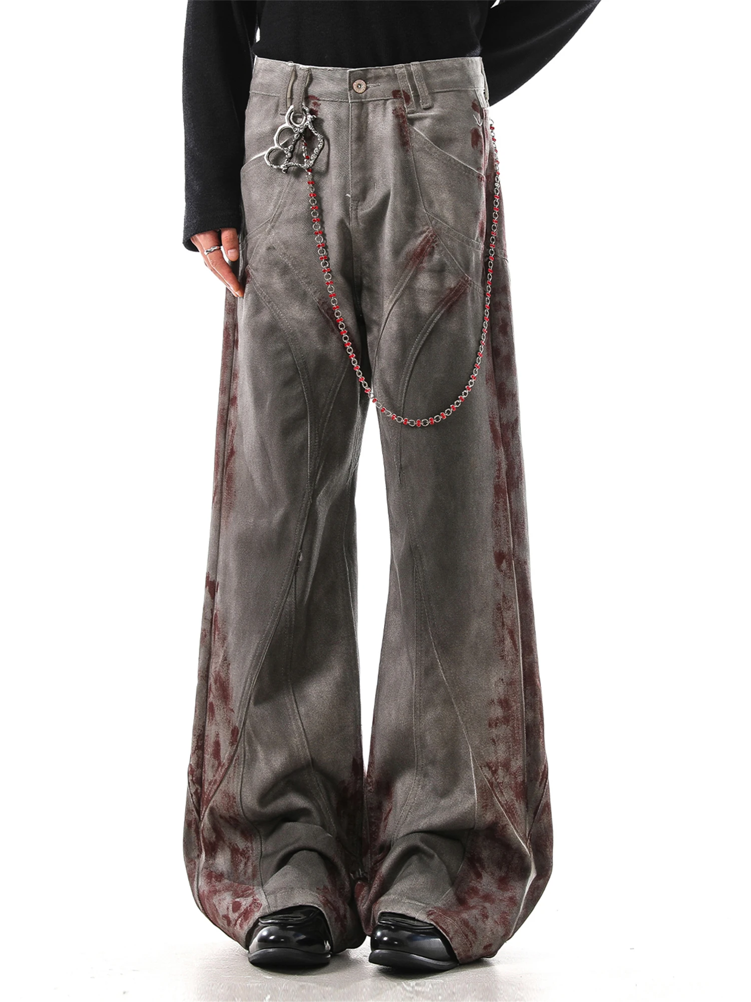 

Women's Vintage Streetwear Wide Leg Jeans Distressed Tie-Dye Pattern Metal Chain Decor Casual Loose Fashion Trendy Trousers