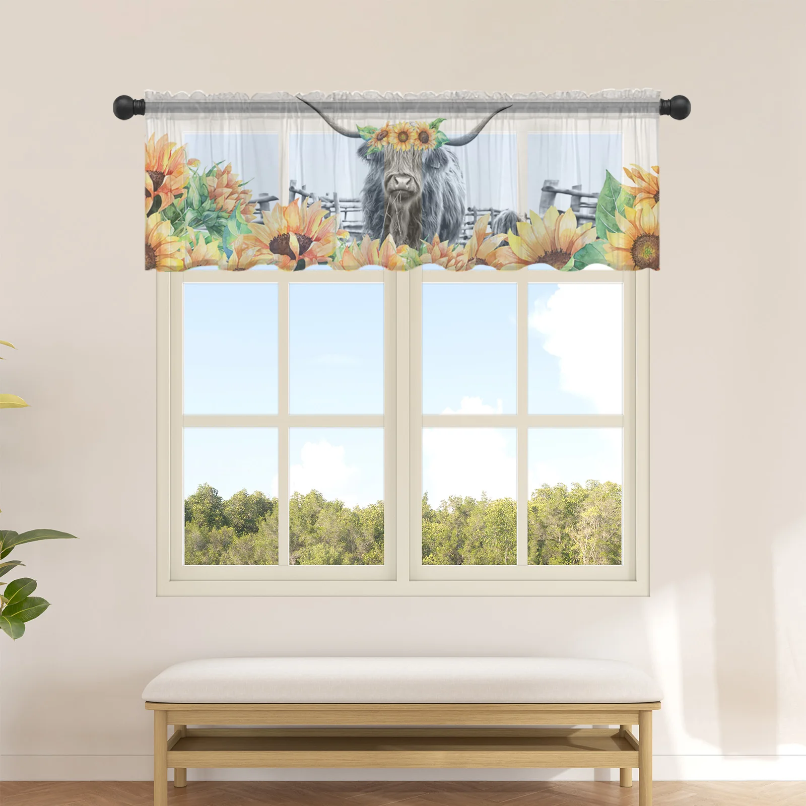 Sunflower Yak Funny Tulle Kitchen Small Window Curtain Valance Sheer Short Curtain Bedroom Living Room Home Decor Voile Drapes