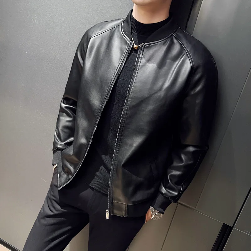 

Мужская кожаная куртка-косуха на осень-зиму, размер 4XL, с флисовой подкладкой, приталенная, с воротником-бомбером, для езды, модная, на длинной молнии