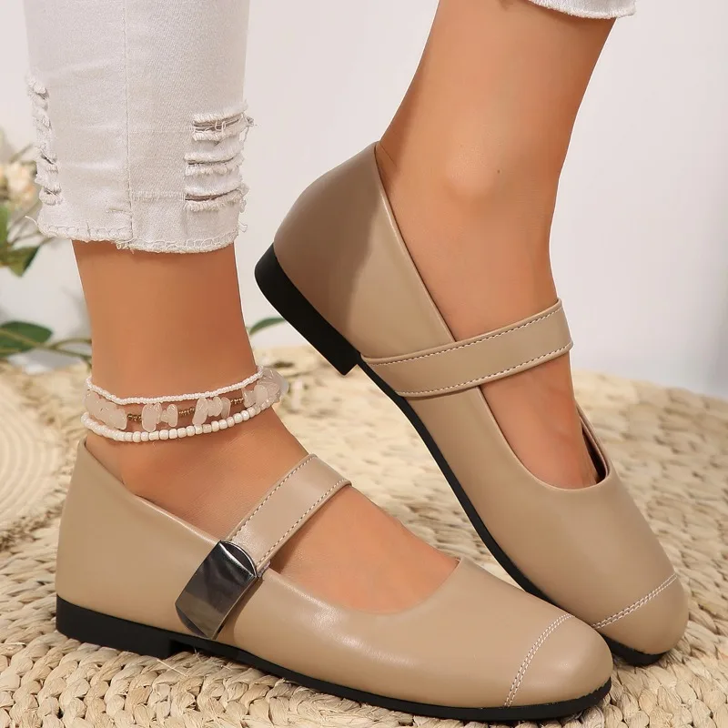 Shoes for Women 2024 Fashion Spring and Autumn Women's Flats Solid Color Round Toe Shallow Mouth One Word Buckle Shoes Women