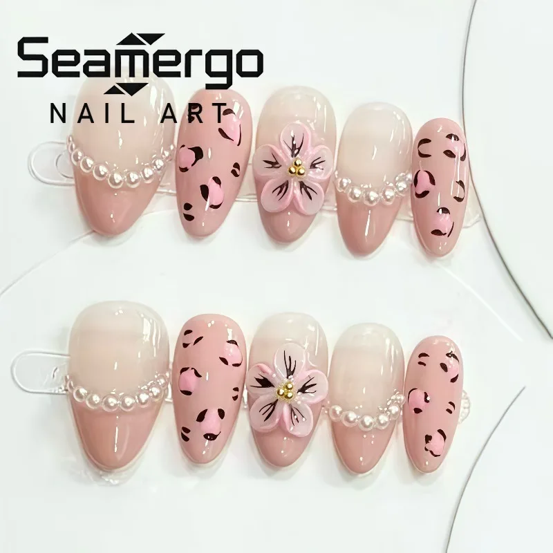 

24PCS Pink Leopard Print French Fake Nails with 3D Flower Pearl Press on Nails Full Cover Sweet Ins Almond False Nails Wearable