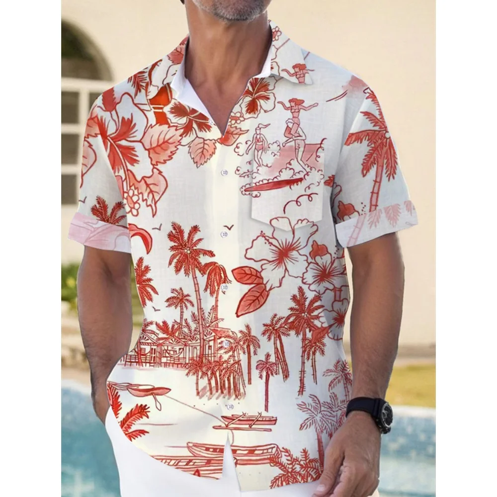 Camisa havaiana de manga curta masculina, roupa respirável solta, blusa casual, moda verão