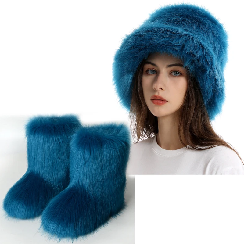 2024 Women\'s New Fur Snow Boots Winter Thick-soled Warm Wool-like Women\'s Boots Female Shoes Fashion Plush Fur Hat 2-piece Suit