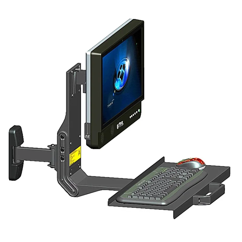 

oversized hairtail screen, monitor, robotic arm, large load-bearing keyboard, mouse tray.