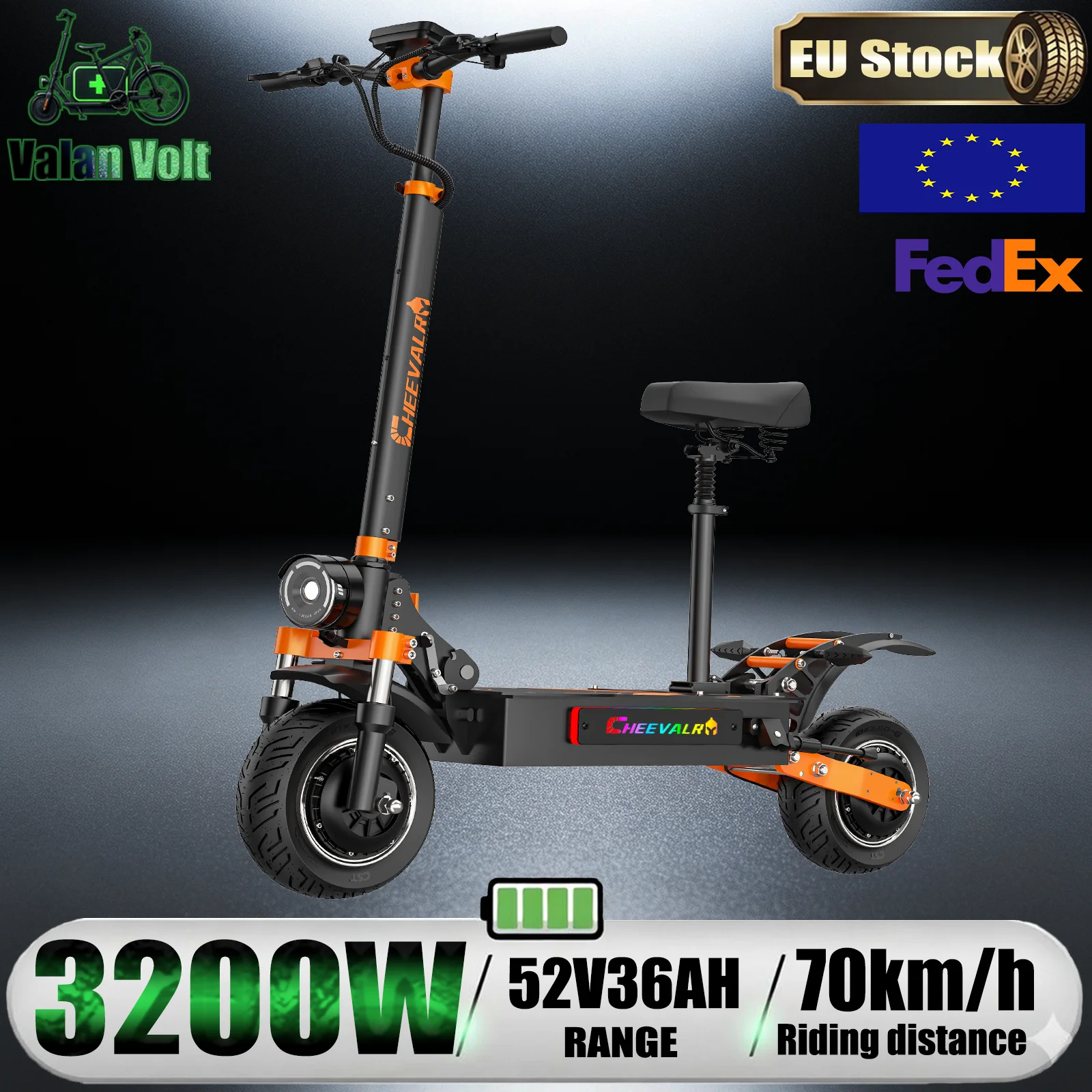 CHEEVALRY S10 3200W Moteur puissant 52V 36Ah Batterie longue portée Trottinette électrique Freins à disque hydrauliques doubles Pneus de 10 pouces Vitesse maximale 70 km/h pour les aventures en plein air/les trajets quotidiens