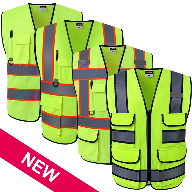 ANSI High visibility safety vest with pockets and zipper hi vis vest with reflective stripes workwear